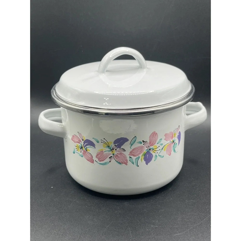 Small Vintage Enamel‎ Pot w/ Lid - White w/ Flowers - Made in Indonesia